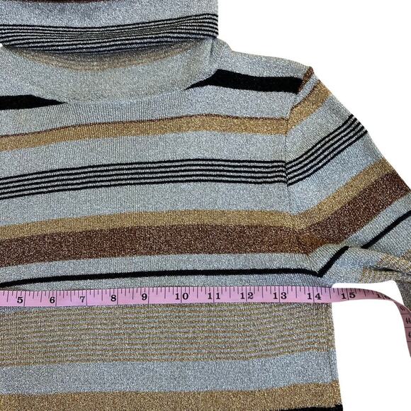 Vintage 70s 80s Metallic Lurex Striped Turtleneck Sweater Gold Silver Bronze - Picture 15 of 16